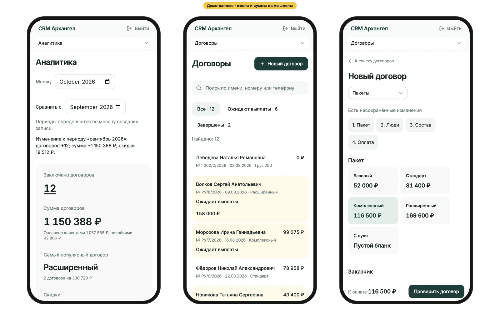 CRM на телефоне: аналитика, договоры и новый договор, демонстрационные данные