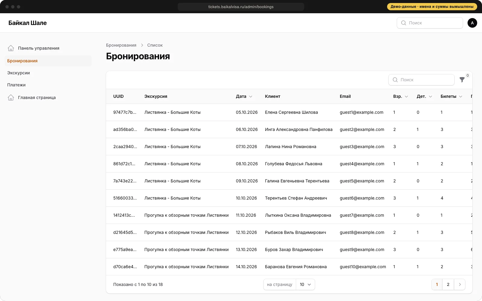 Список бронирований, демонстрационные данные