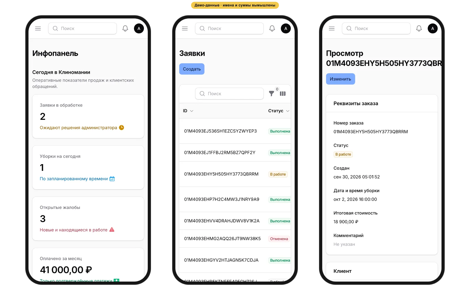 Admin panel on a phone: dashboard, orders and an order card, demo data