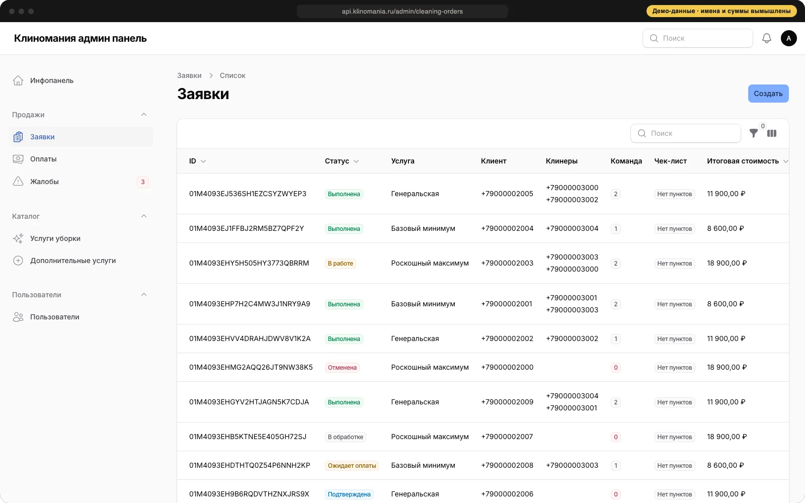 List of cleaning orders with statuses and the team, demo data